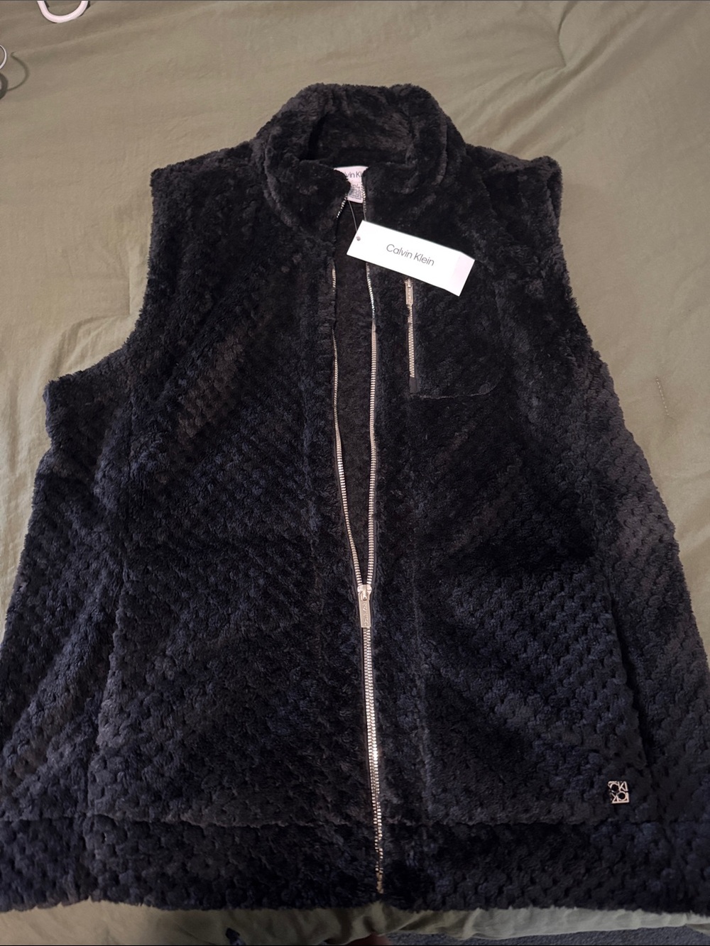 Calvin Klein Black Plush Zip-Up Vest